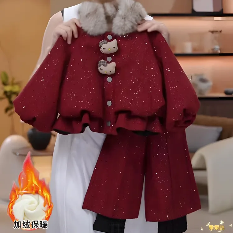 女童冬季新款加绒加厚儿童拜年服套装宝宝洋气时髦三件套过年衣服