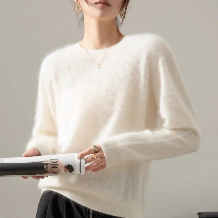 正品【100%拉绒】长毛山羊绒衫冬季纯色宽松版女圆领新款山羊绒毛衣