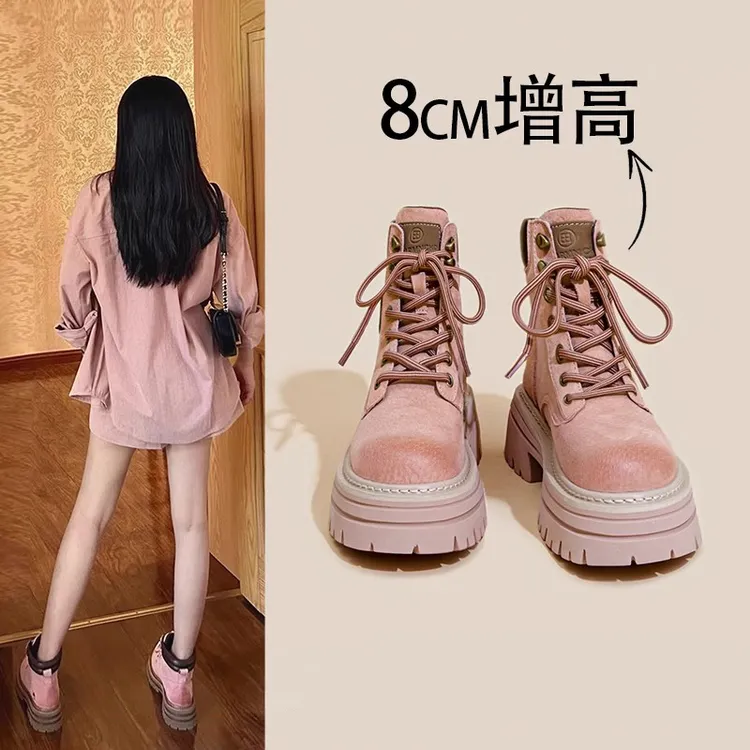 【官网小C&K旗舰店】粉色马丁靴女秋冬小个子内增高短筒靴子工装靴