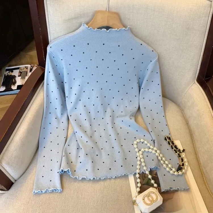 大码显瘦木耳边波点针织打底毛衣女秋冬新款时尚百搭气质洋气上衣