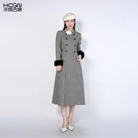 浒城古娘绵羊毛中式千鸟格收腰立领福韵相连战袍连衣裙HASS020007