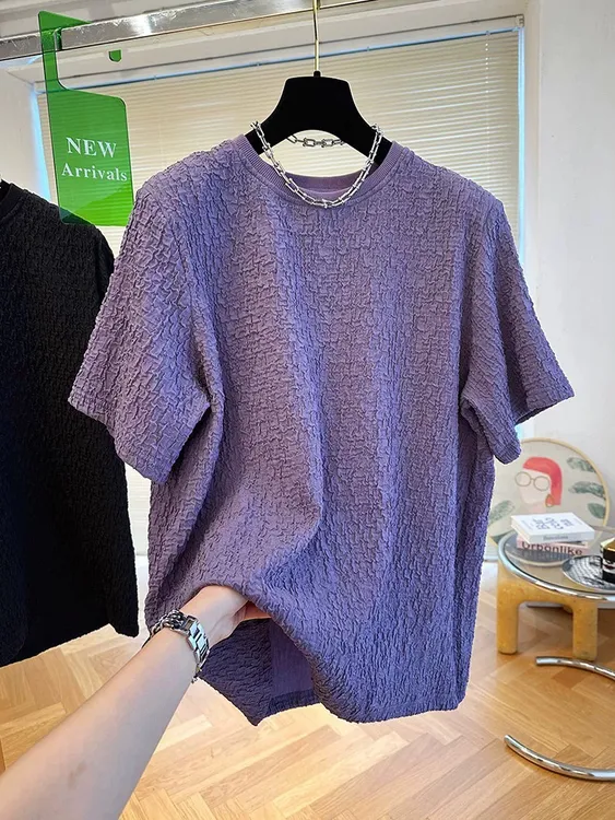 短袖T恤男夏季潮牌高端慵懒风肌理垂感宽松圆领百搭痞帅休闲上衣