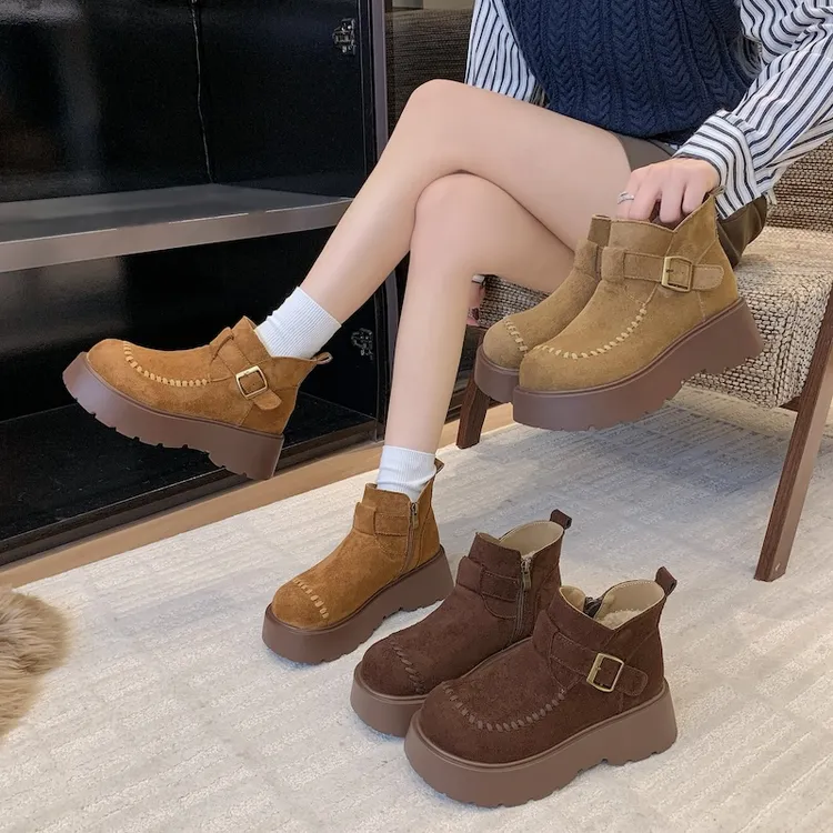 牛皮加绒勃肯鞋马丁靴女秋冬时尚穿搭增高厚底复古女款鞋8865