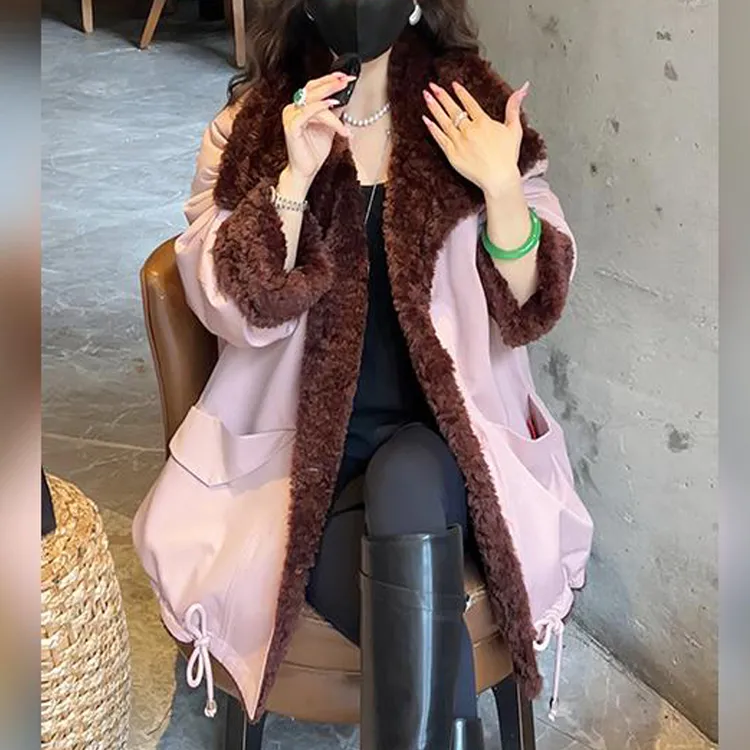时尚百搭加绒保暖中长款外套冬季新款洋气显瘦立领双面穿外套女