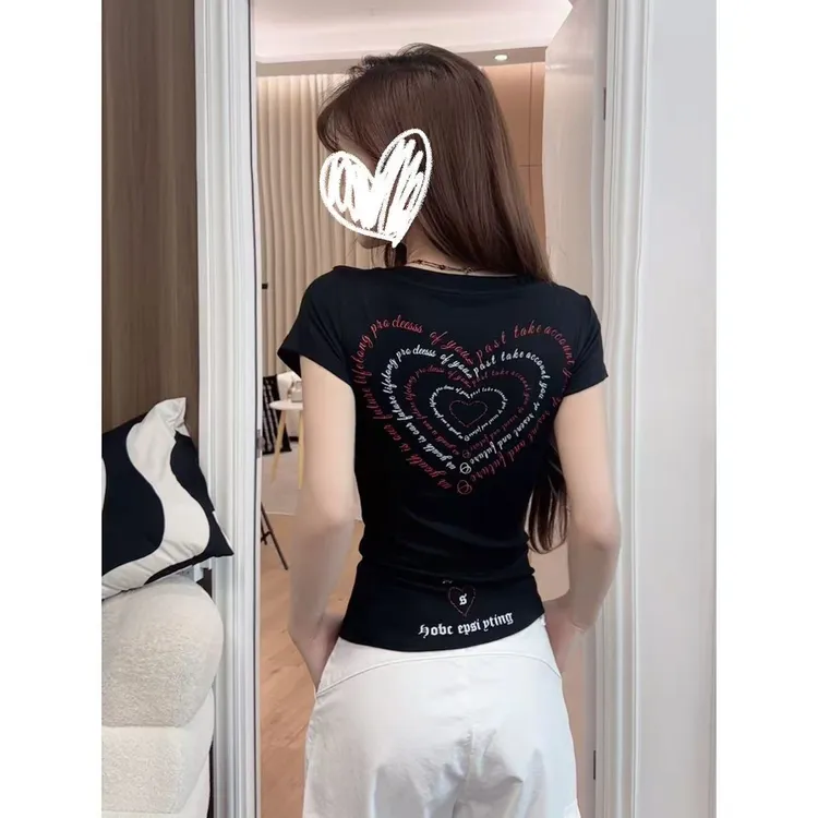 【爱心宣言】美式辣妹印花V领短袖T恤女夏季修身短款上衣-T3199