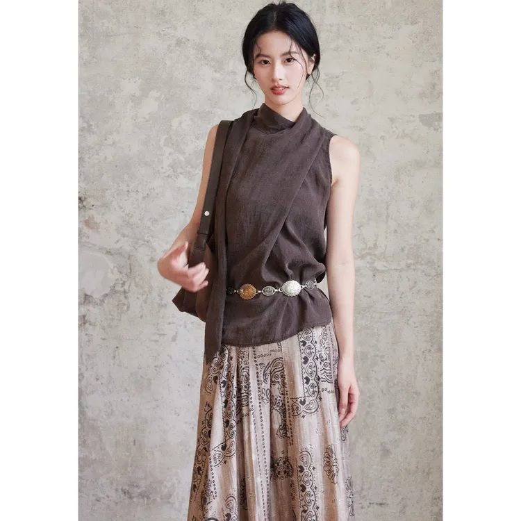 贰羊设计 【夏冰】不规则飘带无袖上衣气质丝衬衫