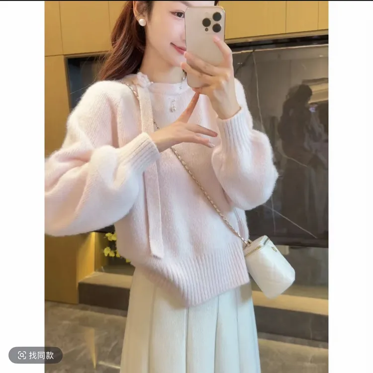 《东大门》不起球 温柔风粉色飘带套头毛衣秋冬宽松慵懒软糯针织衫
