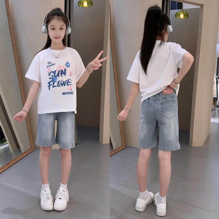 女童夏季短裤套装2025新款夏装中大儿童网红洋气薄款牛仔裤休闲装