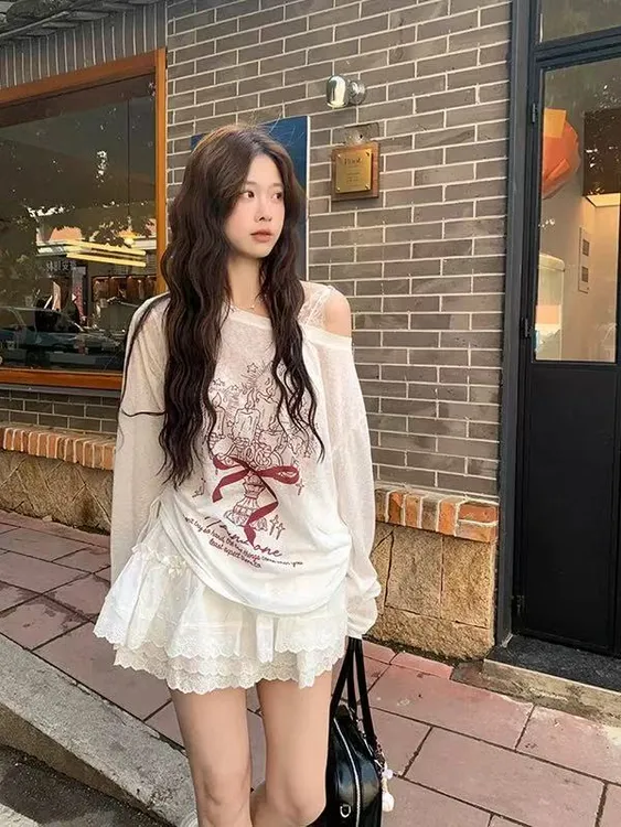 胖mm春夏洋气防晒印花百搭斜肩长袖上衣半裙慵懒两件套装显瘦韩版