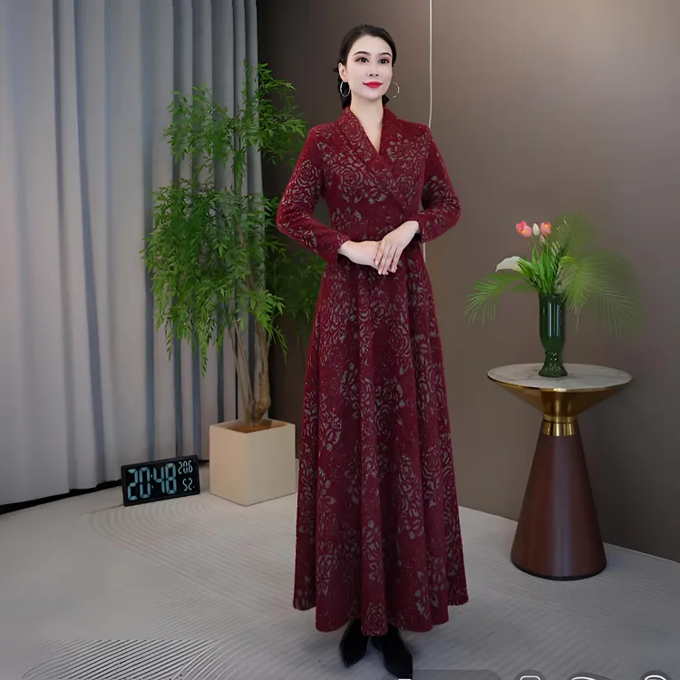 香衣丽华204-405冬长款过膝大摆连衣裙修身显瘦气质长款大摆长裙