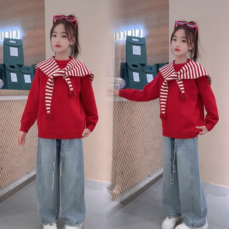 女童毛衣套装秋冬新款中大童时尚洋气披肩针织衫女孩烫钻裤两件套