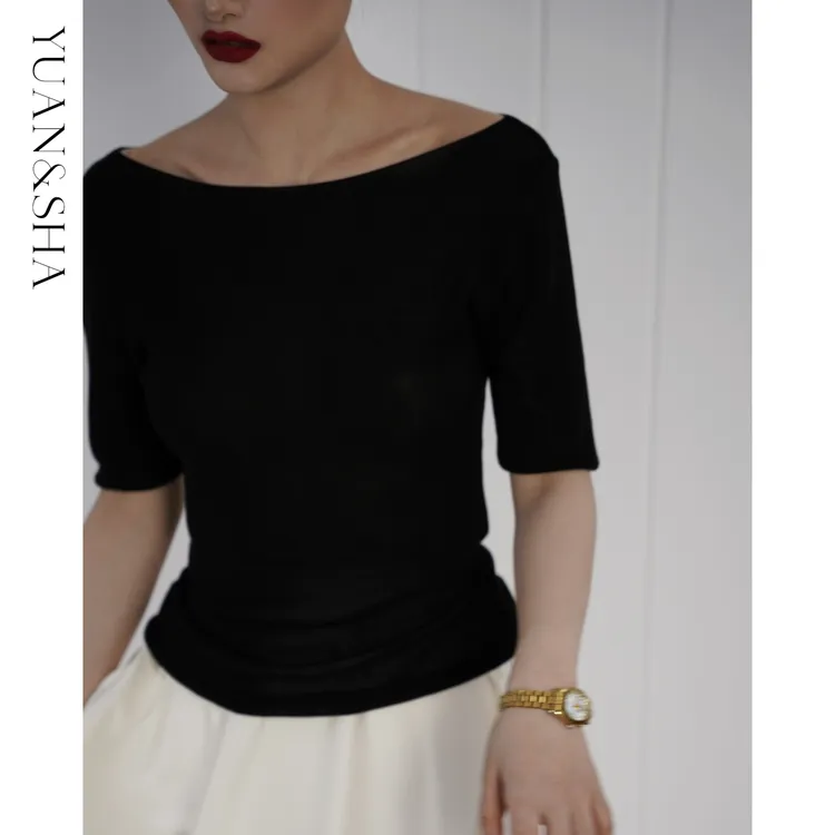 元沙【欧洲站】一字领显瘦纯色针织打底衫黑色小众高级百搭气质上衣