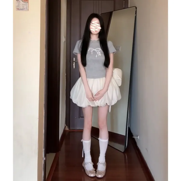 2025夏季新款女韩系穿搭修身圆领短袖上衣气质高腰显瘦花苞半身裙