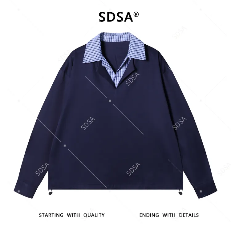 SDSA男士秋冬新款痞帅男装潮牌拼接翻领长袖衬衣下摆松紧设计百搭