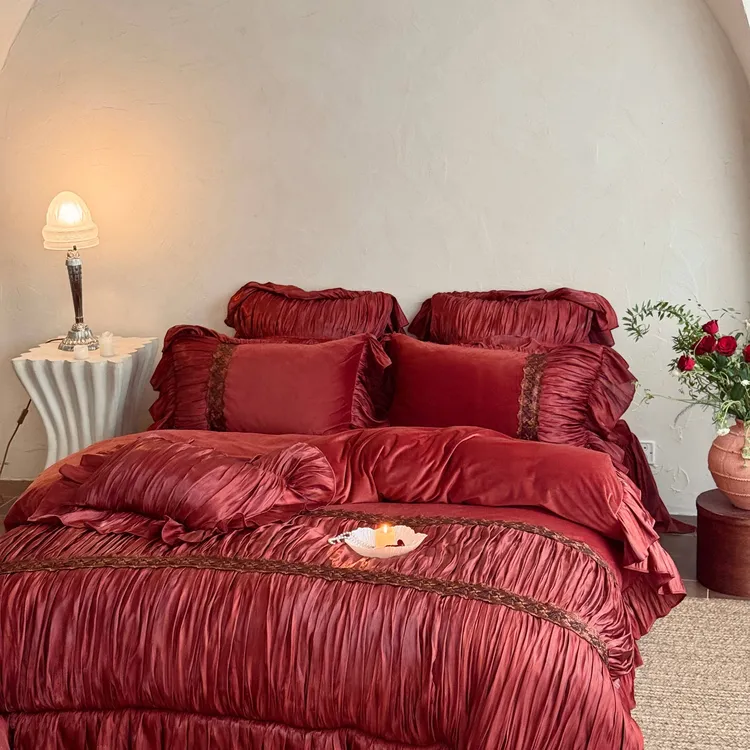 冬季法式公主宫廷风婴儿绒床盖四件套加厚保暖牛奶绒被套床上用品