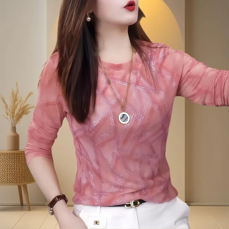 2025秋酷飒风女装高级感圆领t恤重工烫钻印花网纱打底衫长袖打底