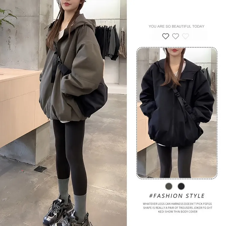 欧货时尚连帽黑色短外套女冬季夹棉加厚小个子超好看时尚百搭夹克