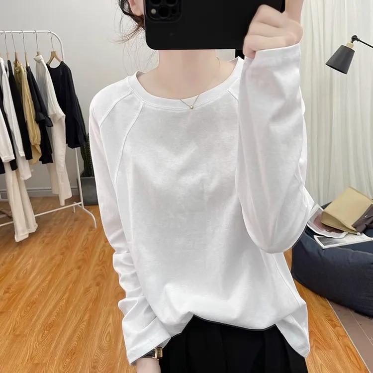 纯棉长袖白色T恤女2025春圆领宽松爆款上衣基础款打底衫拼缝体恤