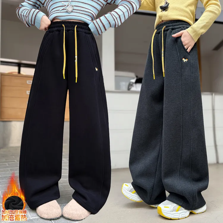 女童加绒裤子6-12岁潮款冬装中大童洋气儿童冬季休闲一体绒弯刀裤