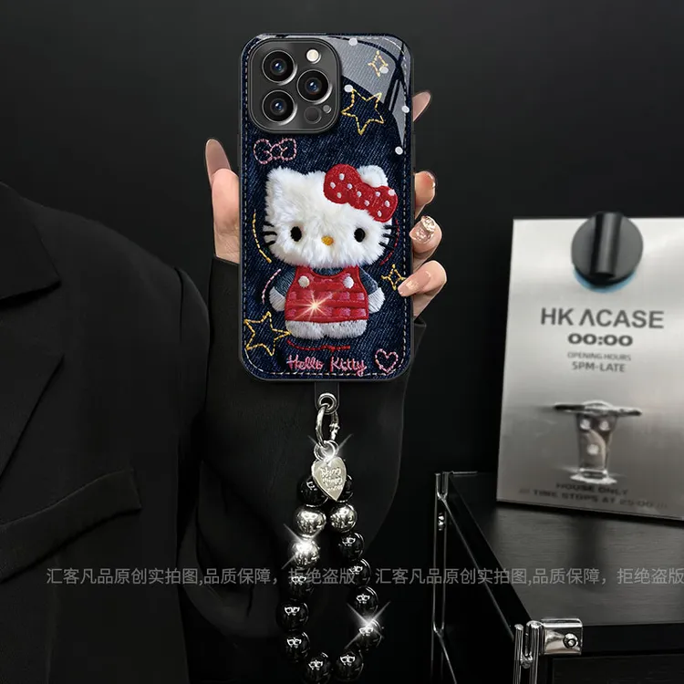 适用【苹果/oppo/华为/vivo/小米】电镀玻璃牛仔kitty猫网红手机壳