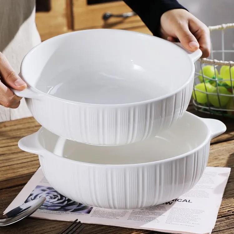 2只装10.5英寸陶瓷双耳汤碗简约设计大容量家用泡面碗加厚汤盆