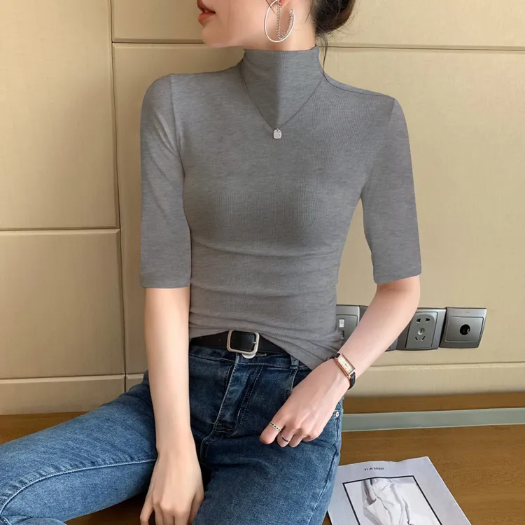 黑色螺纹半高领中袖t恤女2025春秋新款高级感修身打底五分袖上衣