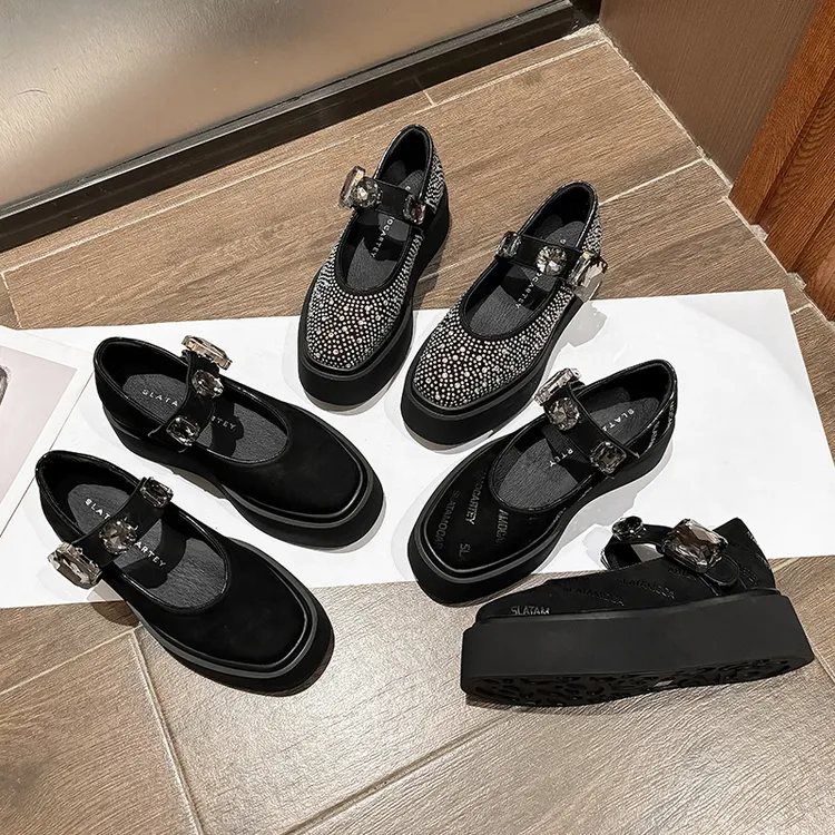 2025新款厚底鞋女黑色绒面真皮水钻玛丽珍小个子增高方头松糕单鞋