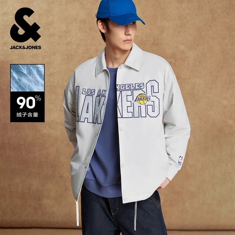 【NBA联名湖人队】杰克琼斯男士翻领羽绒服外套运动痞帅慵懒风男装