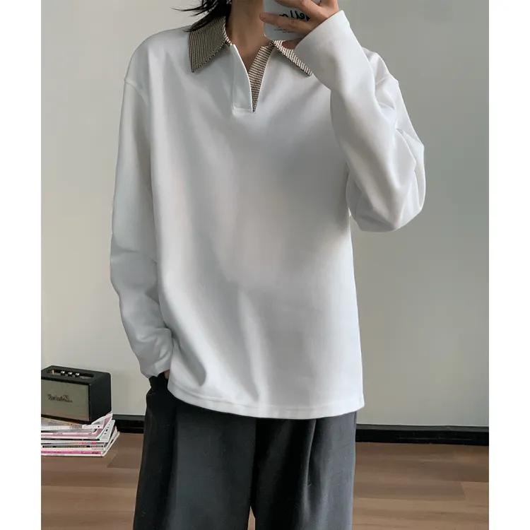 老钱风千鸟格拼接polo衫男长袖T恤内搭美式复古外套痞帅正肩卫衣