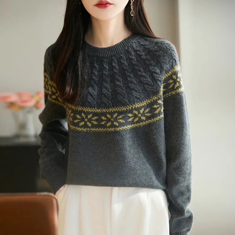 韩系圆领拼色麻花针织衫费尔岛减龄加厚毛衣套头时尚上衣
