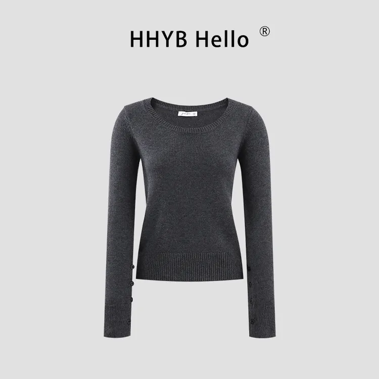 HHYB Hello灰色长袖针织衫秋季新款修身显瘦内搭打底衫上衣M1423