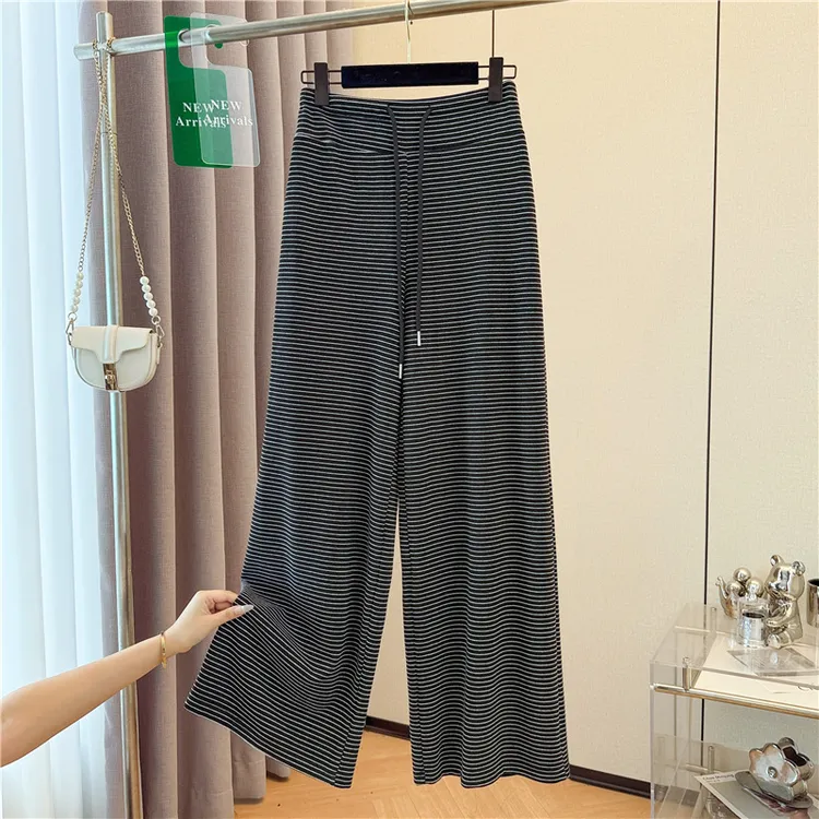 实拍2025秋装新款撞色条纹宽松阔腿长裤女高腰显瘦垂感拖地裤子