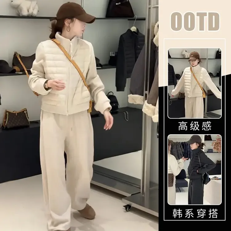 2025冬季新款设计感通勤风一整套穿搭拼接保暖外套高腰遮胯休闲裤