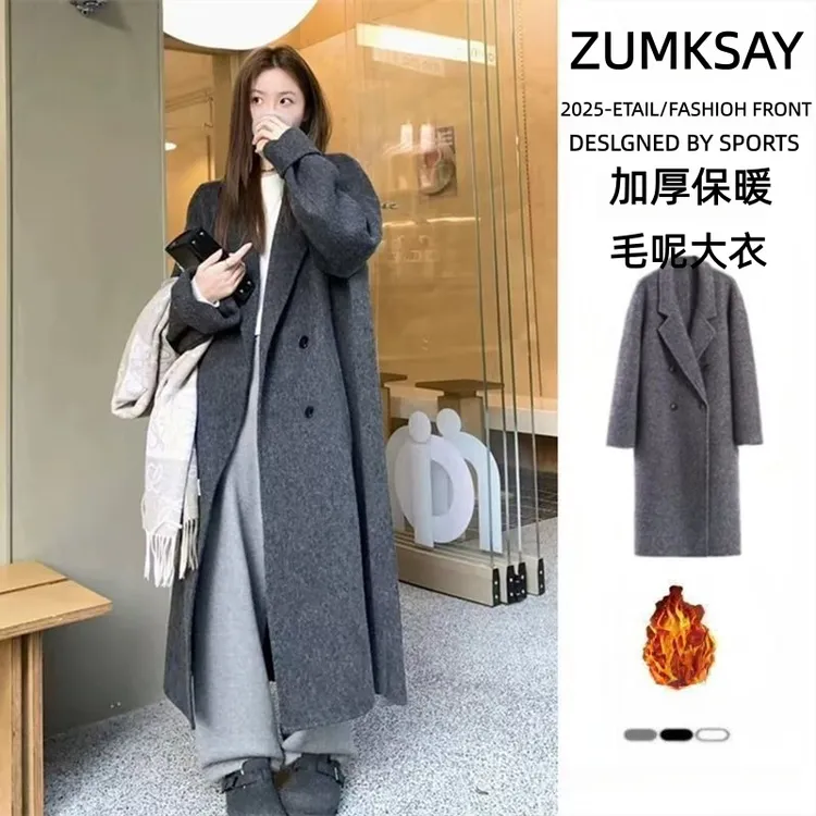 韩系高级感夹棉毛呢大衣女秋冬新款赫本风黑色西装中长款呢子外套