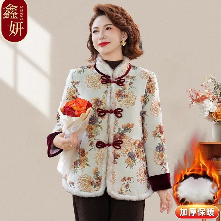 中老年气质妈妈中国风复古加绒加厚秋冬季民族风保暖棉服外套