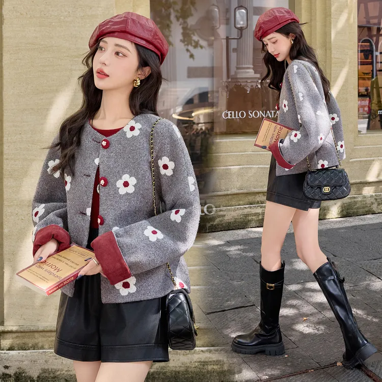 法式小香风撞色拼接毛呢外套女2025秋冬新款洋气减龄宽松短款上衣