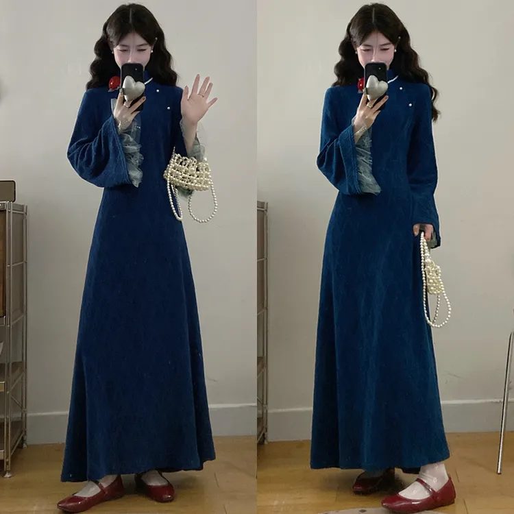 大码胖mm秋冬新款国风新中式蓝瓷复古长裙改良旗袍拼接网纱连衣裙