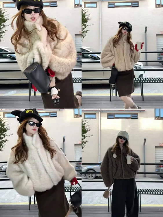 “戛纳之夜”环保小湖羊皮毛一体蝙蝠袖毛毛外套