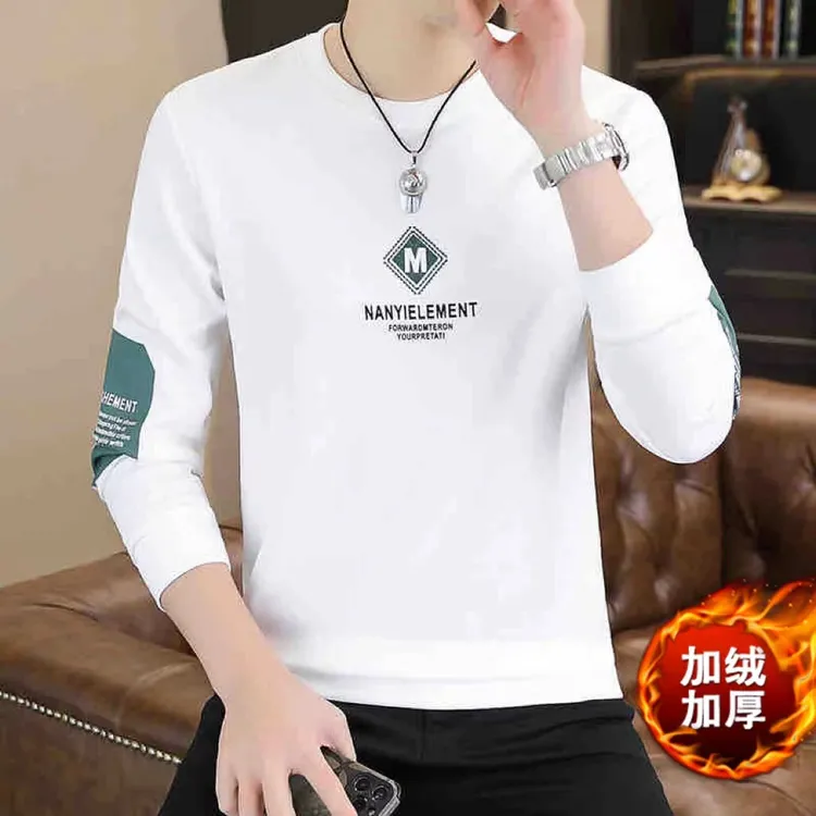 2025年秋冬季新款刺绣加绒加厚卫衣男款长袖T恤上衣服保暖打底衫