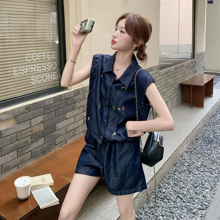 夏季薄款时尚气质Z-牛仔刺绣套装【娜家衣柜】
