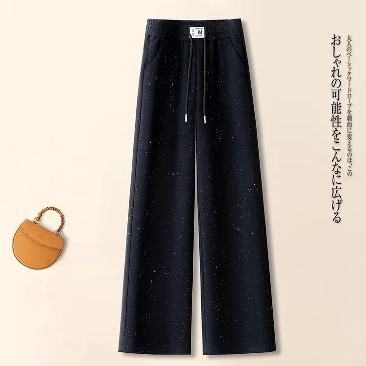 2025年新款加绒星空亮闪闪休闲阔腿裤显瘦高腰松紧腰百搭休闲长裤