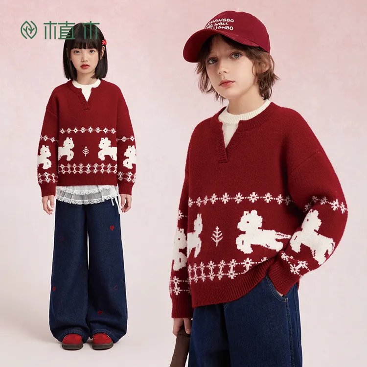 植木童装儿童毛衣中大童假两件毛衣男童女童毛衣2025冬季新款