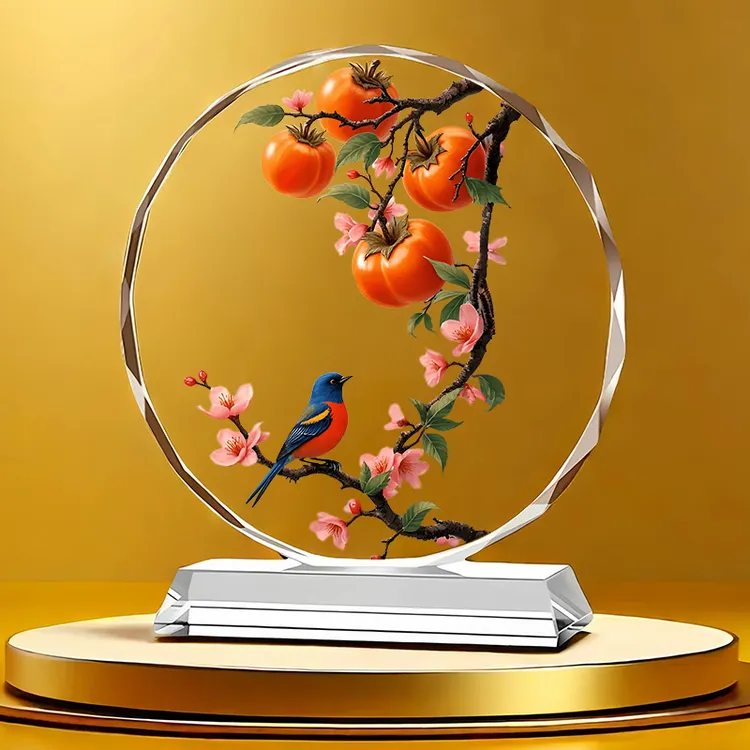 柿柿如意水晶画摆件家居桌面装饰品新中式创意精美摆台礼物工艺品