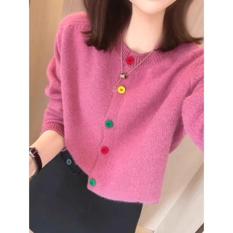 法式复古温柔显瘦彩扣针织开衫女春秋设计感圆领毛衣外套外搭上衣