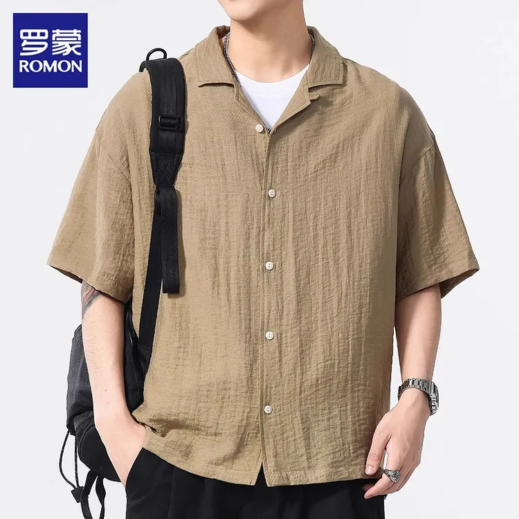 【含亚麻】短袖衬衫男士夏季新款超薄垂感休闲古巴领半袖衬衣男装