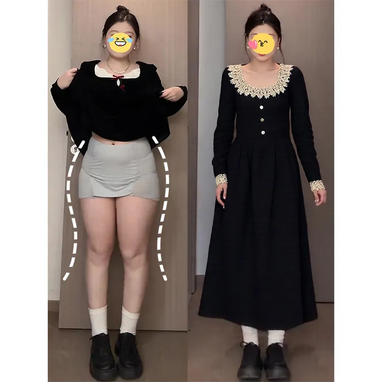 早秋名媛小礼服灯芯绒连衣裙女大码胖mm法式小香风蕾丝方领长裙子