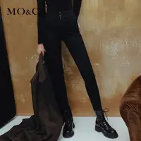 【贤哥专享】MOCO冬季双腰头高腰修身黑牛仔裤MBC4JENT03