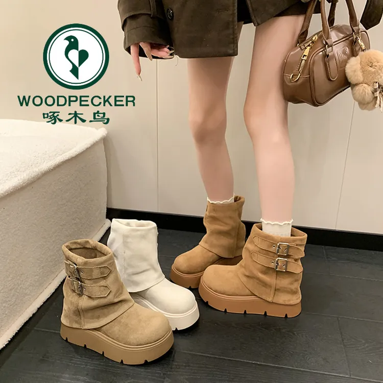 啄木鸟复古英伦风厚底短筒靴女2025新款秋季配裙子增高短靴马丁靴