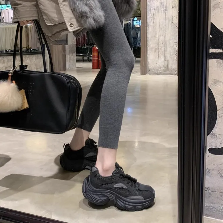 游今希~复古拼色厚底绒面老爹鞋女秋冬新款系带增高休闲鞋运动鞋