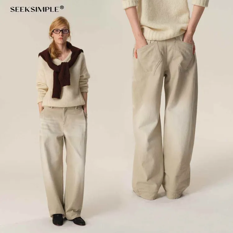 【SEEKSIMPLE】 低腰廓形浅灰洗水牛仔裤D0558